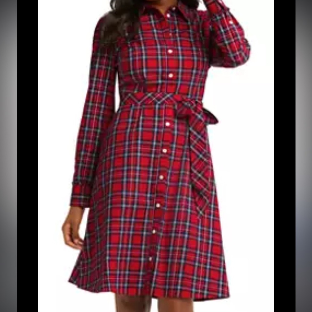 Red Plaid Button-Front Shirt Dress with Tie Waist